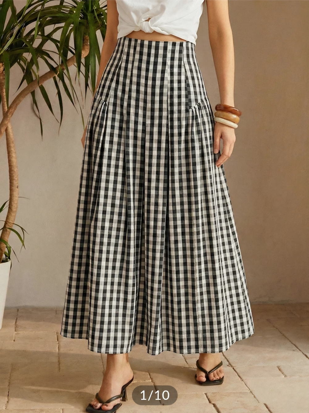 Gingham High-Waisted Pleated Midi Skirt - Picture 2 of 4